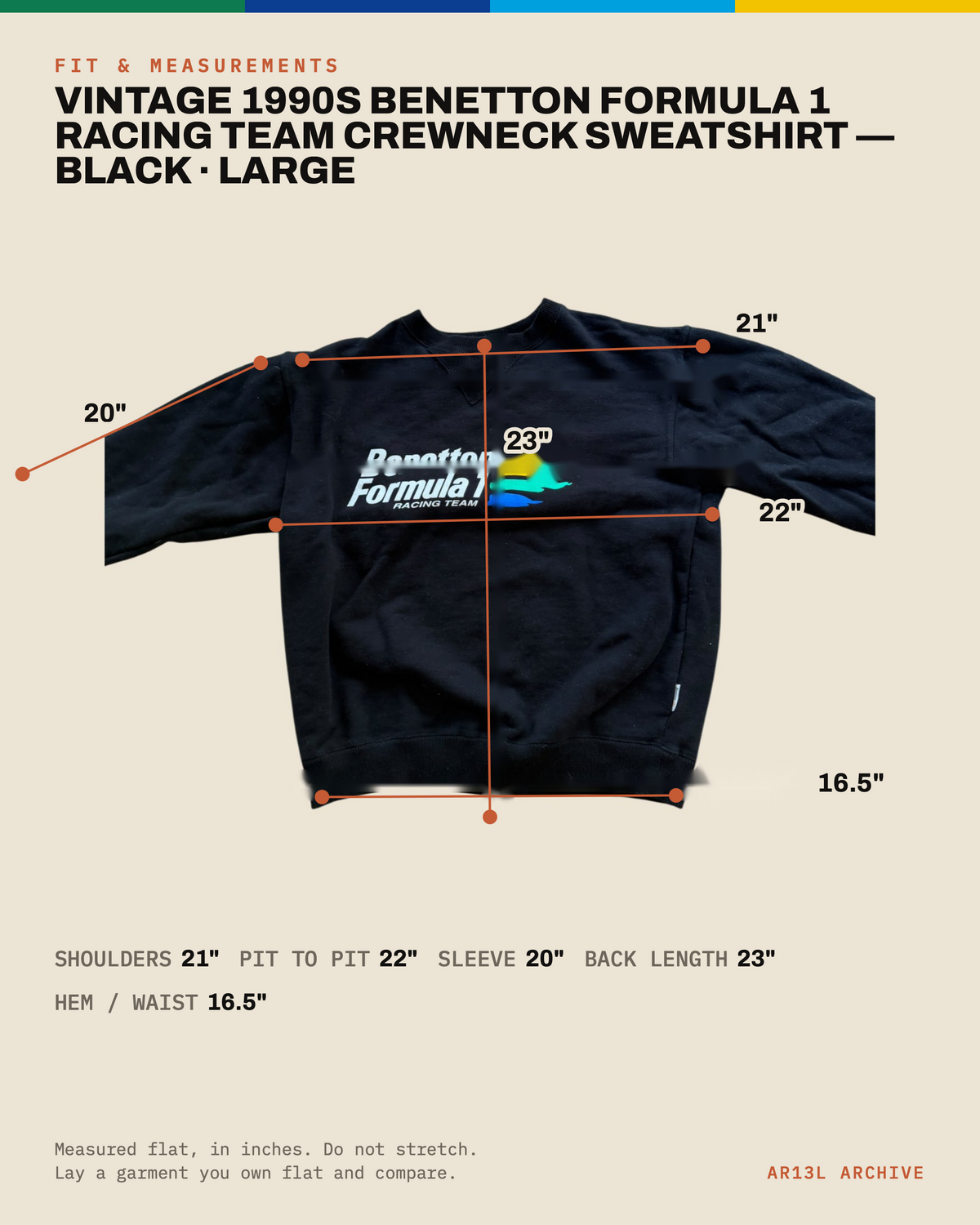 Vintage 1990s Benetton Formula 1 Racing Team Crewneck Sweatshirt — Black - Large